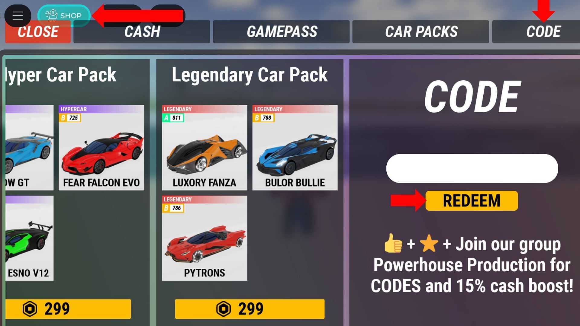 Click the Codes tab to jump to the redemption box (Image via Roblox)